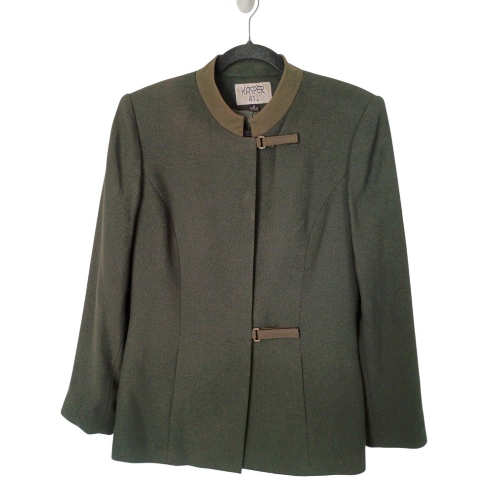 Kasper ASL Forest Green Mandarin Collar Blazer Buckle Tab Jacket Womens 8 Y2K